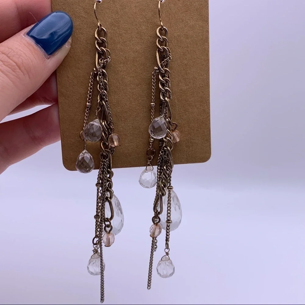 Gold Toned Chain and Clear Beaded Dangle Earrings